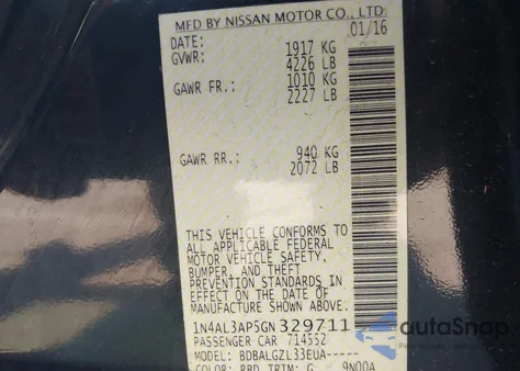 2016 Nissan Altima 2.5/2.5 S/2.5 Sl/2.5 Sr/2.5 Sv из США, поврежденный, VIN 1N4AL3AP5GN329711